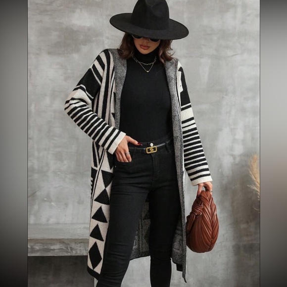🍁Geo Pattern Drop Shoulder Hooded Duster Cardigan - Picture 6 of 7